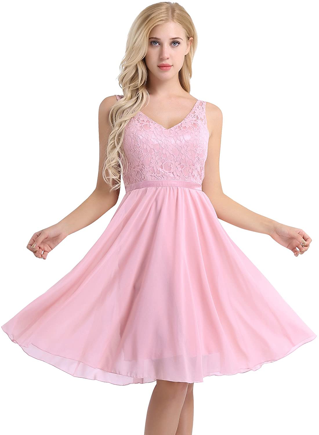 Price:$15.95 inlzdz Women's V-Neck Floral Lace Chiffon Wedding Bridesmaid Dress A-Line Swing Evening Party Dress at Amazon Women’s Clothing store