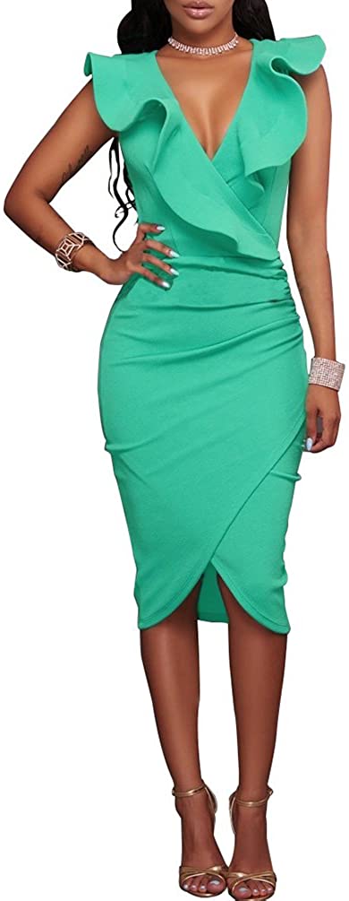 Price:$14.99    Fire Kirin Women's Ruffles V-Neck Ruched Cocktail Club Evening Party Falbala Bodycon Dress  Clothing