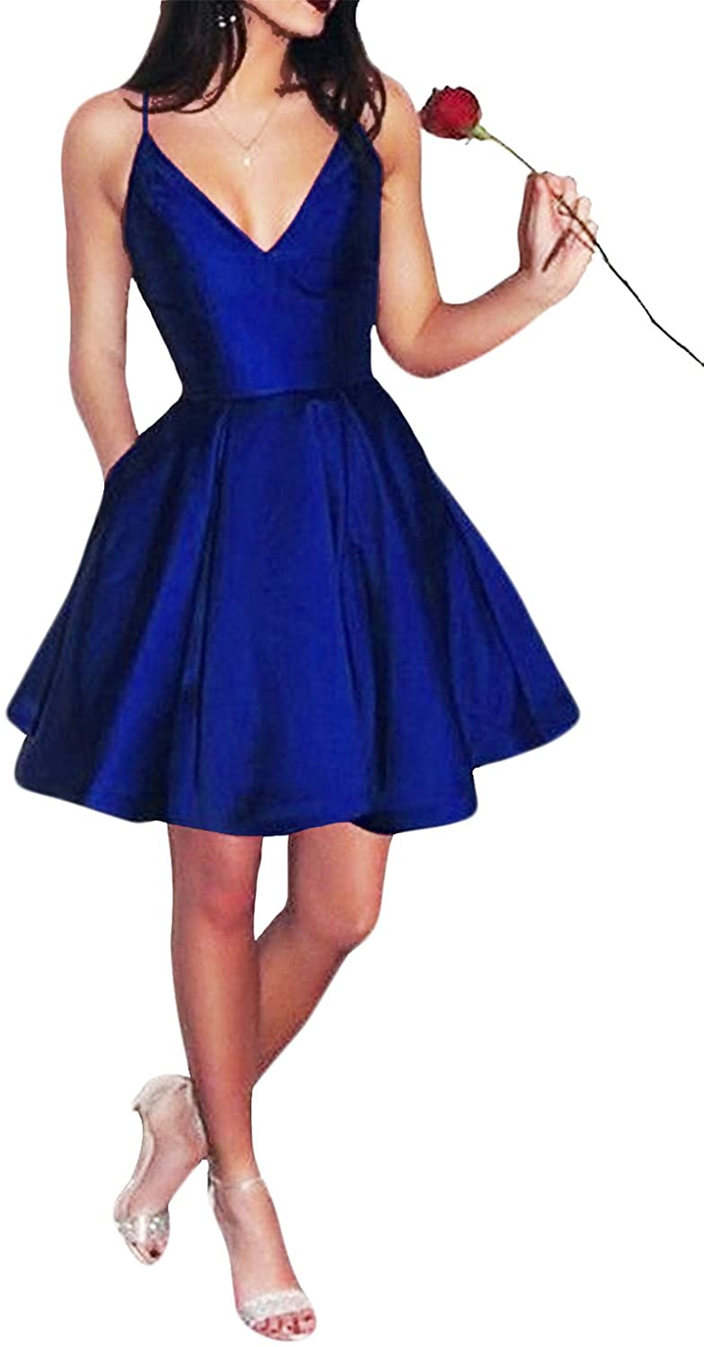 Price:$43.63    Yangprom Women's Short Spaghetti Straps V-Neck A-Line Homecoming Dress With Pockets  Clothing
