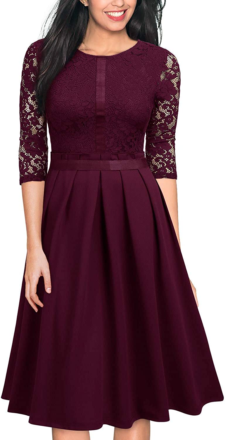 Price:$19.99    MISSMAY Women's Vintage Half Sleeve Floral Lace Cocktail Party Pleated Swing Dress  Clothing