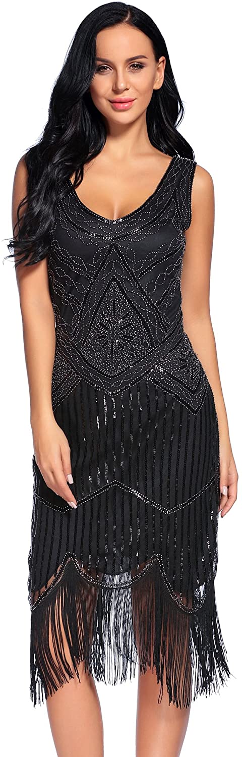 Price:$36.98    Women's Vintage 1920s Fringed Gatsby Sequin Beaded Tassels Hem Flapper Dress  Clothing