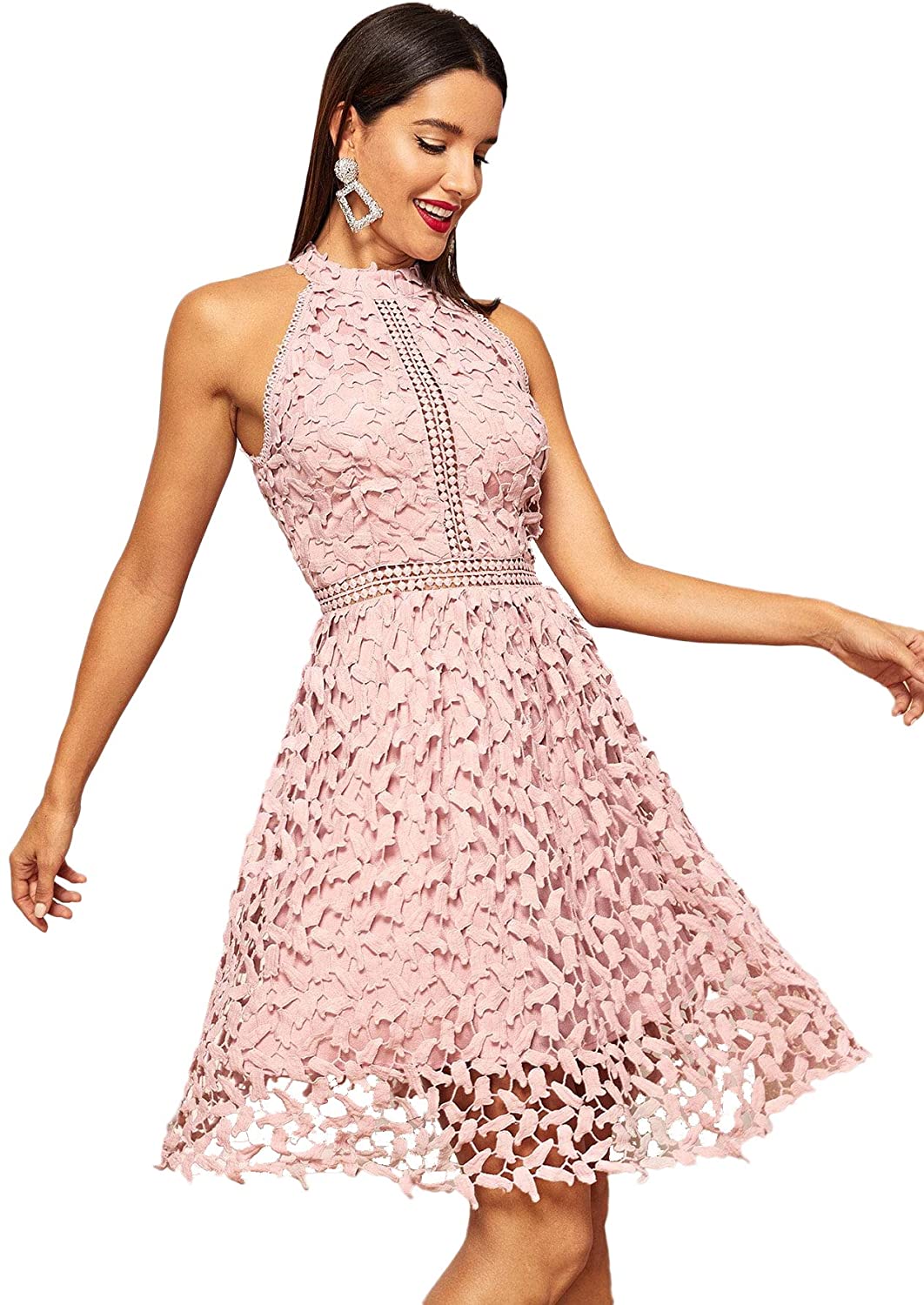 Price:$34.99    Floerns Women's Sleeveless Halter Neck Lace Cocktail Party A Line Dress  Clothing