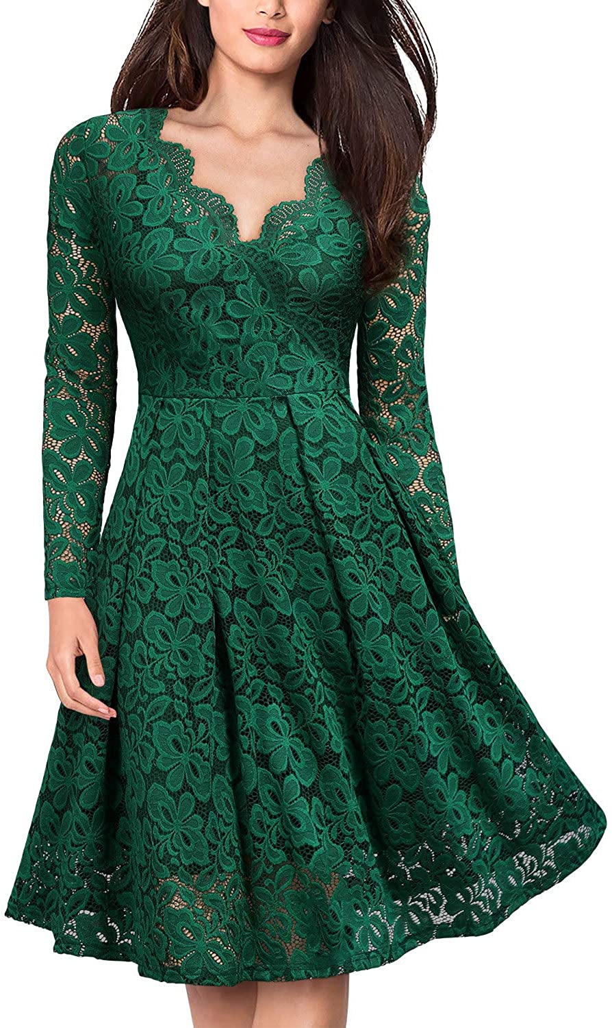 Price:$19.99    MISSMAY Women's Vintage Floral Lace V Neck Cocktail Party Swing Dress  Clothing