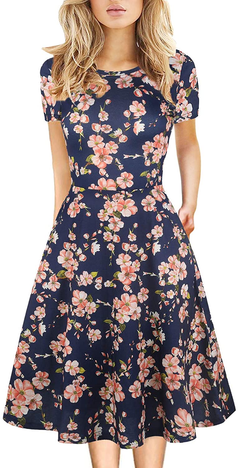 Price:$19.99 Women's Vintage Casual Round Neck Floral Print Work Party A-Line Swing Dress with Pockets 162 at Amazon Women’s Clothing store