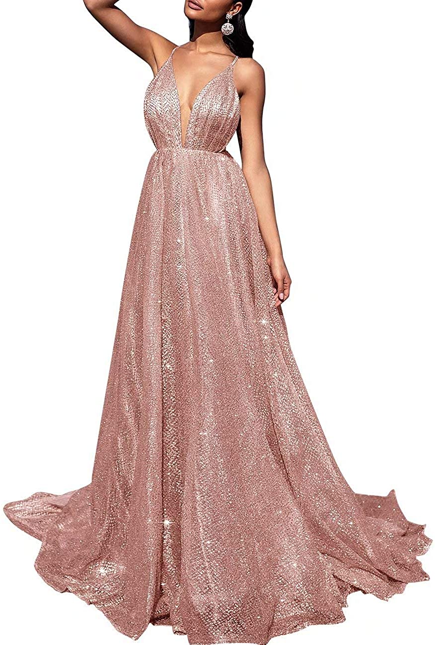 Price:$98.00 AiniDress Women's Sparkling Deep V-neck Prom Dresses Long Backless Tulle Formal Evening Gown at Amazon Women’s Clothing store