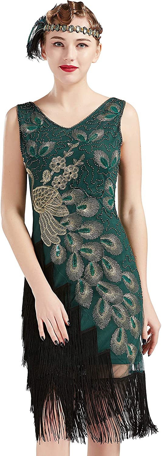 Price:$52.99    BABEYOND 1920s Vintage Peacock Sequined Dress Gatsby Fringed Flapper Dress Roaring 20s Party Dress  Clothing