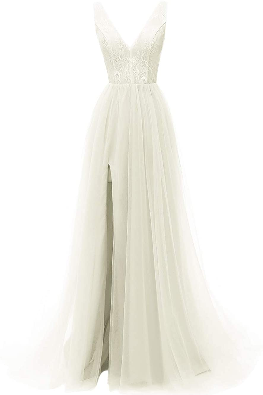 Price:$9.90 Prom Dresses Sexy Deep V Neck Sequins Beads Tulle and Lace High Split Long Evening Dresses Bridal Wedding Dress at Amazon Women’s Clothing store