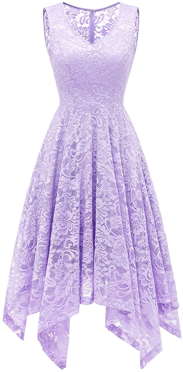 Price:$30.99    Meetjen Women's Elegant Floral Lace Sleeveless Handkerchief Hem Asymmetrical Cocktail Party Swing Dress  Clothing
