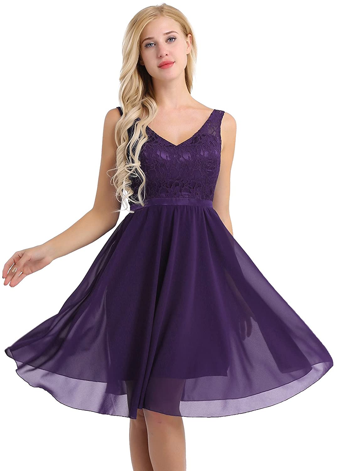 Price:$15.95 ACSUSS Women's V-Neck Bridesmaid Dress Short Evening Party Gown Lace Bodice at Amazon Women’s Clothing store