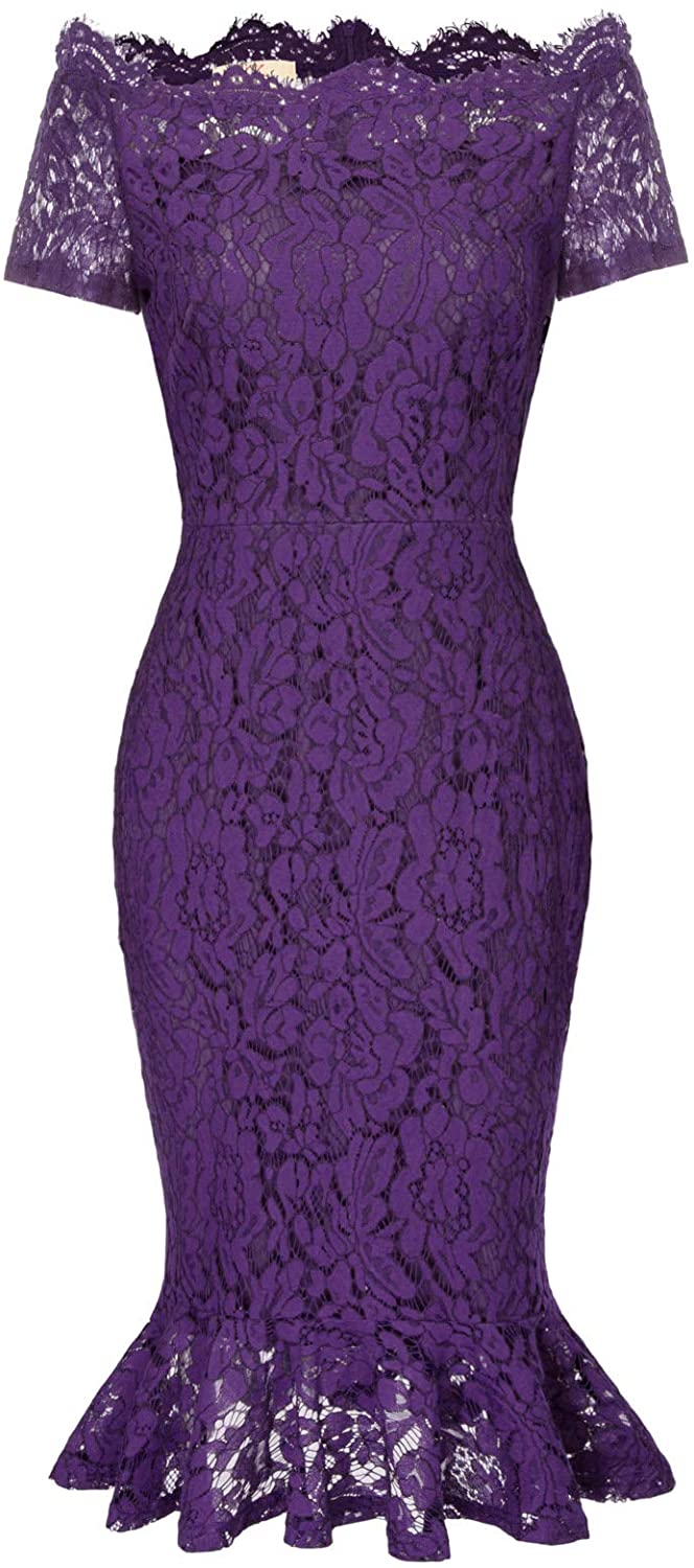 Price:$15.99    GRACE KARIN Retro Floral Lace Boat Neck Short Sleeve Mermaid Slim Pencil Dress  Clothing