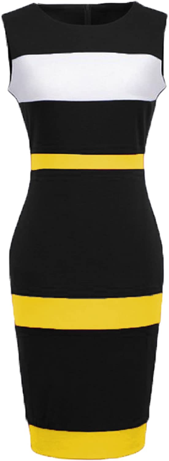 Price:$9.99    WOOSEA Women's Sleeveless Voguish Colorblock Stripe Cocktail Party Pencil Dress  Clothing
