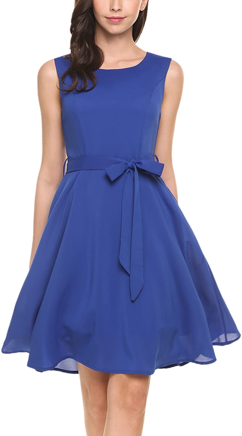 Price:$6.99    Zeagoo Women Chiffon Summer Sleeveless A-line Pleated Party Cocktail Dress with Belt  Clothing