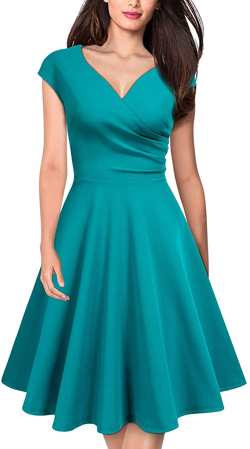 Price:$19.99    MISSMAY Women's Retro Deep V Neck Cap Sleeve Cocktail Party Fit and Flare Dress  Clothing