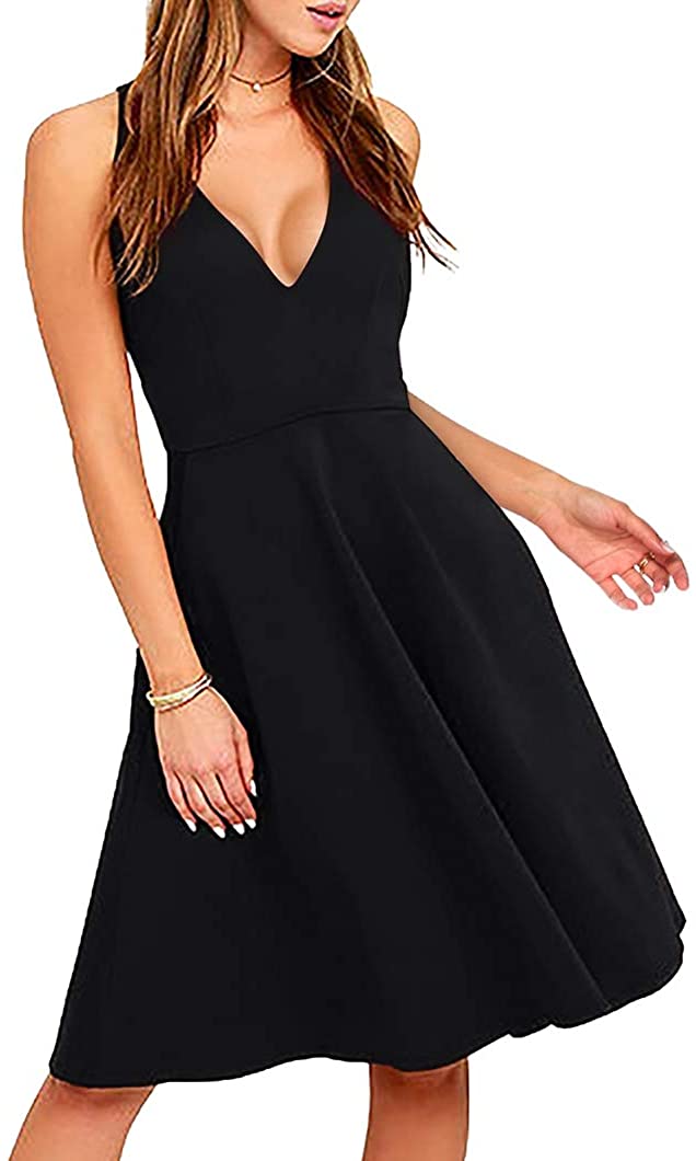 Price:$16.99    Sarin Mathews Womens Sexy V Neck Sleeveless A-line Elegant Cocktail Party Skater Midi Dress  Clothing
