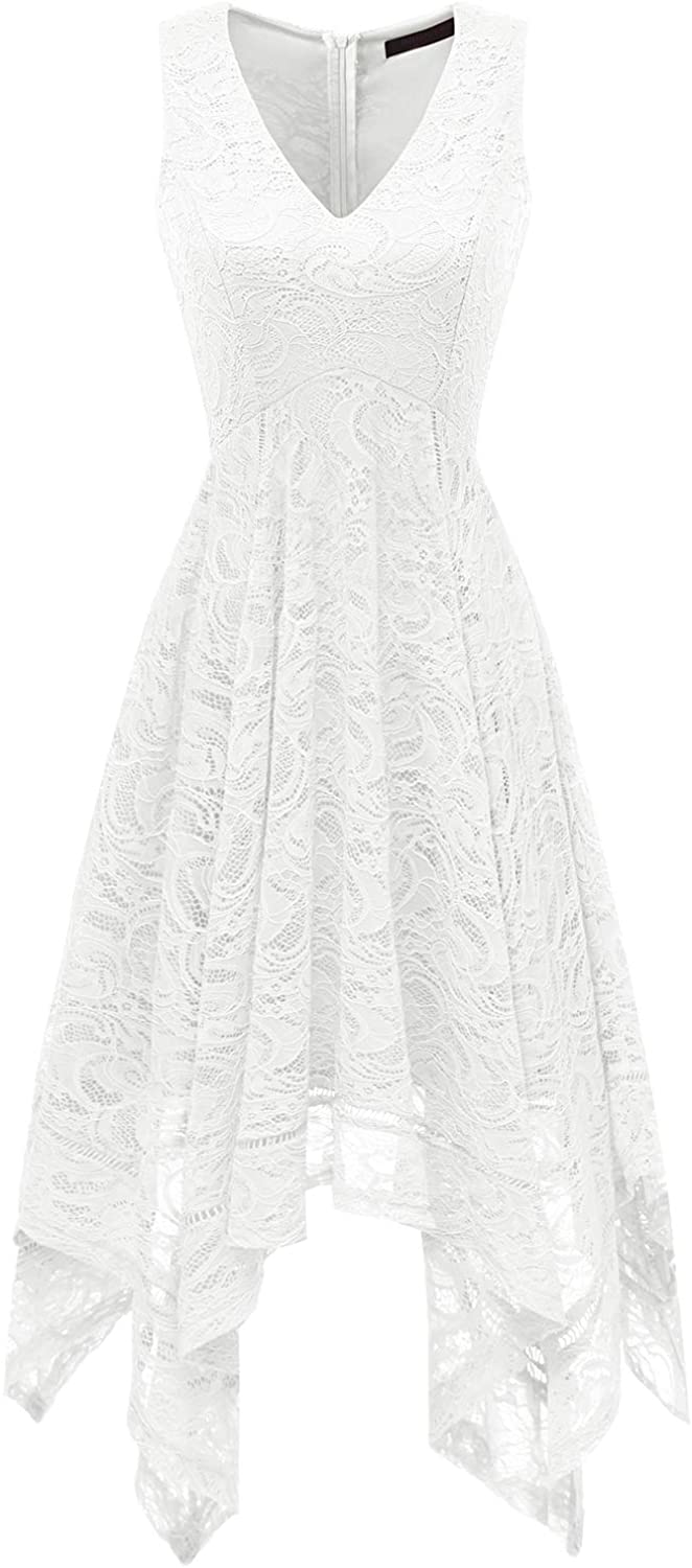 Price:$32.99    Bridesmay Women's Elegant V-Neck Sleeveless Asymmetrical Handkerchief Hem Floral Lace Cocktail Party Dress  Clothing