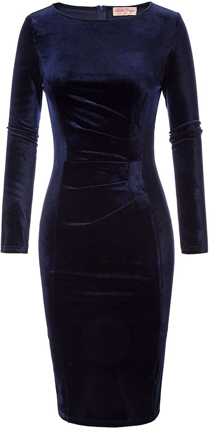 Price:$18.99    Belle Poque Women's Long Sleeve Soft Velvet Pleated Crossover Bodycon Pencil Dress  Clothing