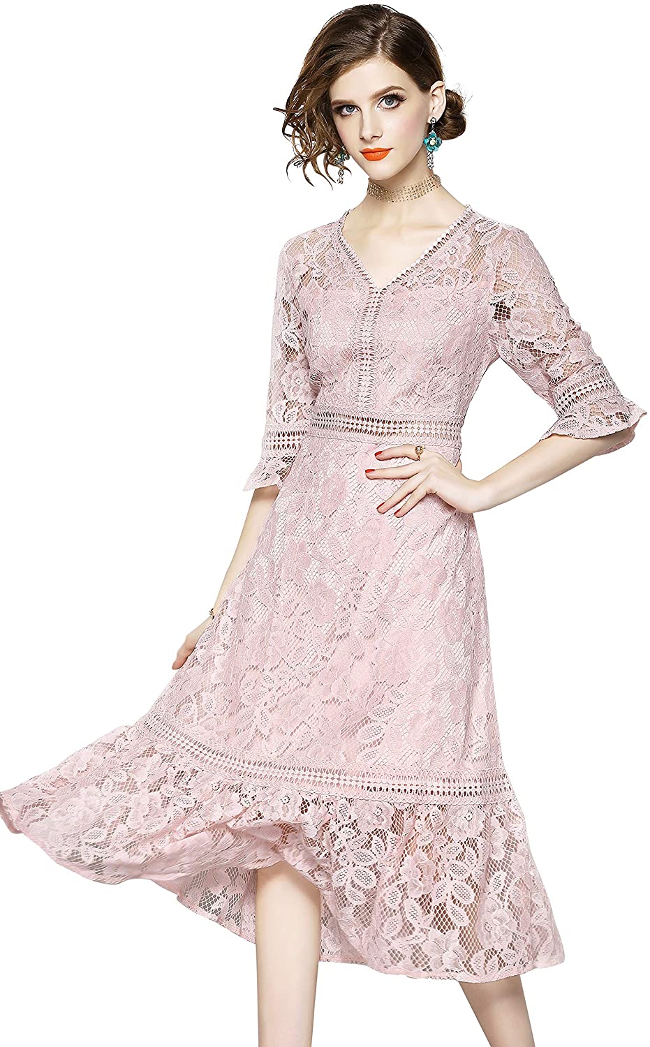 Price:$32.98    Women's Lace 3/4 Sleeve Crochet Waist Cocktail Party Swing Midi Dress  Clothing