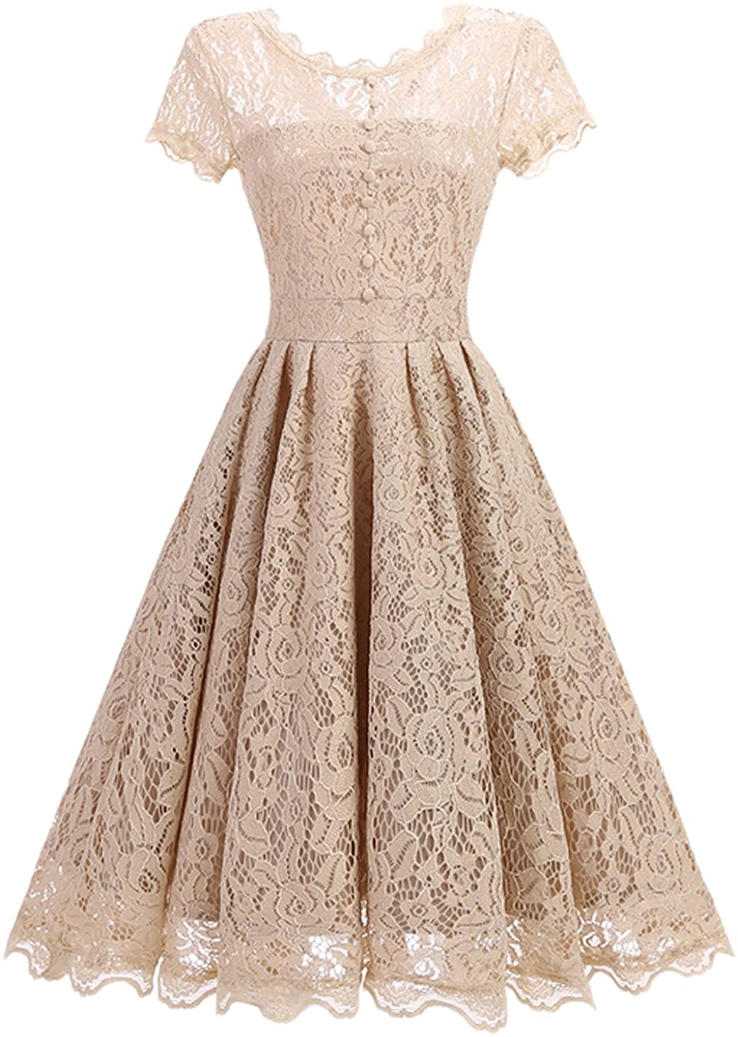 Price:$28.99    chouyatou Women's Retro Back V-Neck Lace Fit and Flare Pleated Cocktail Party Dress  Clothing