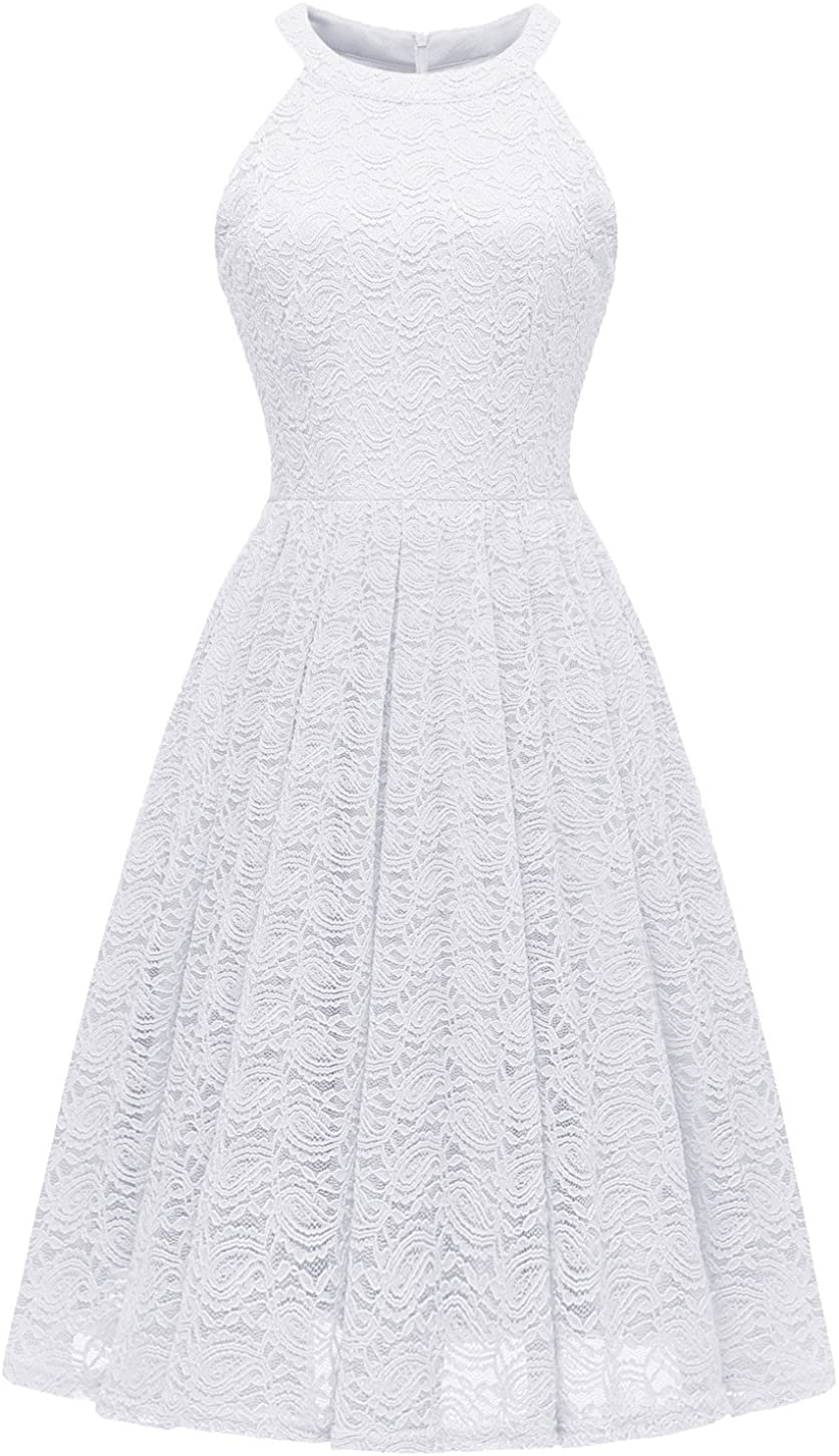 Price:$20.99    MODECRUSH Womens Halter Neck Formal Cocktail Party Floral Lace Wedding Midi Dress  Clothing