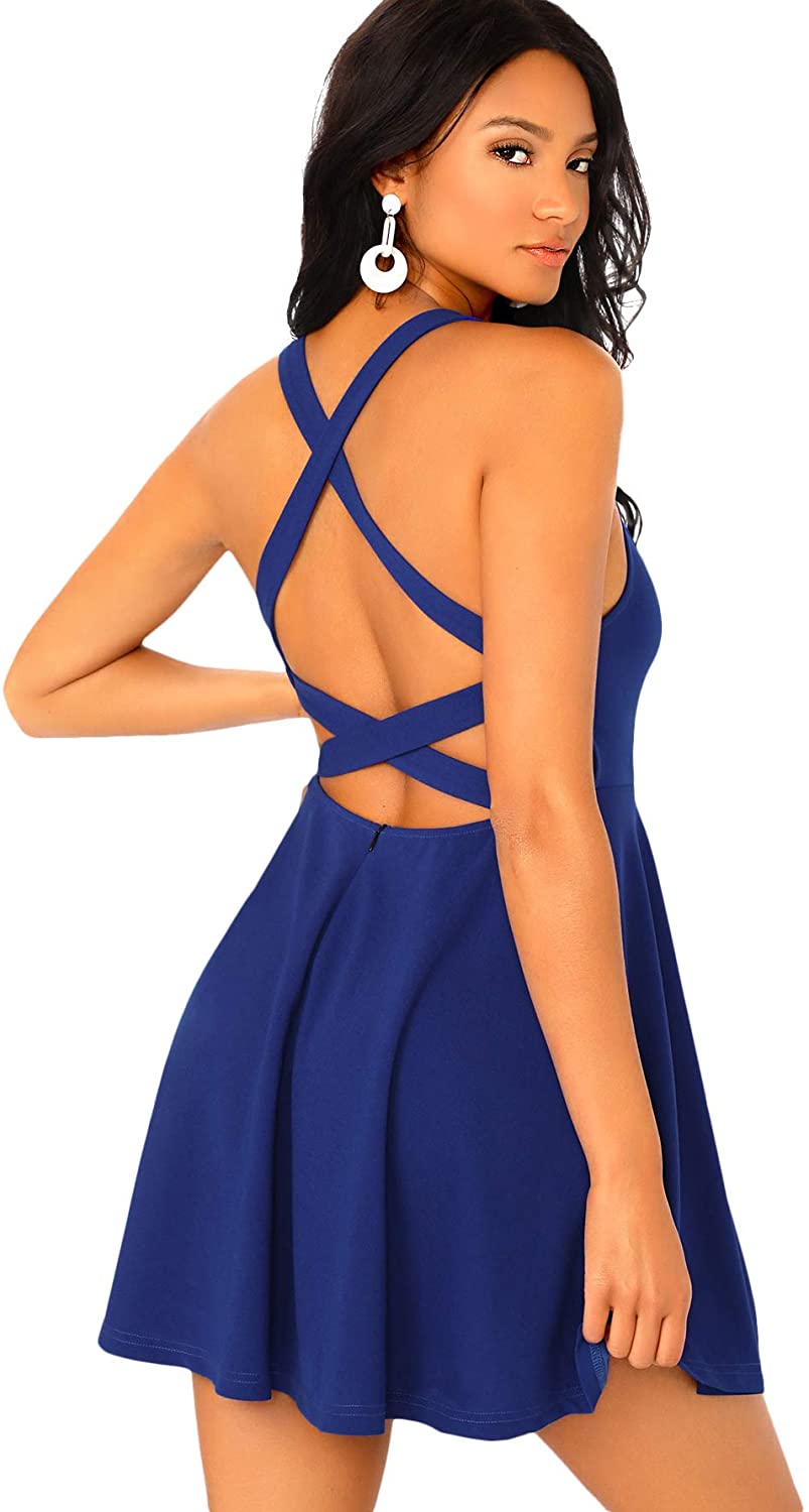 Price:$19.99    SheIn Women's Scoop Neck Backless Criss Cross Sleeveless Flare A-Line Party Dress  Clothing