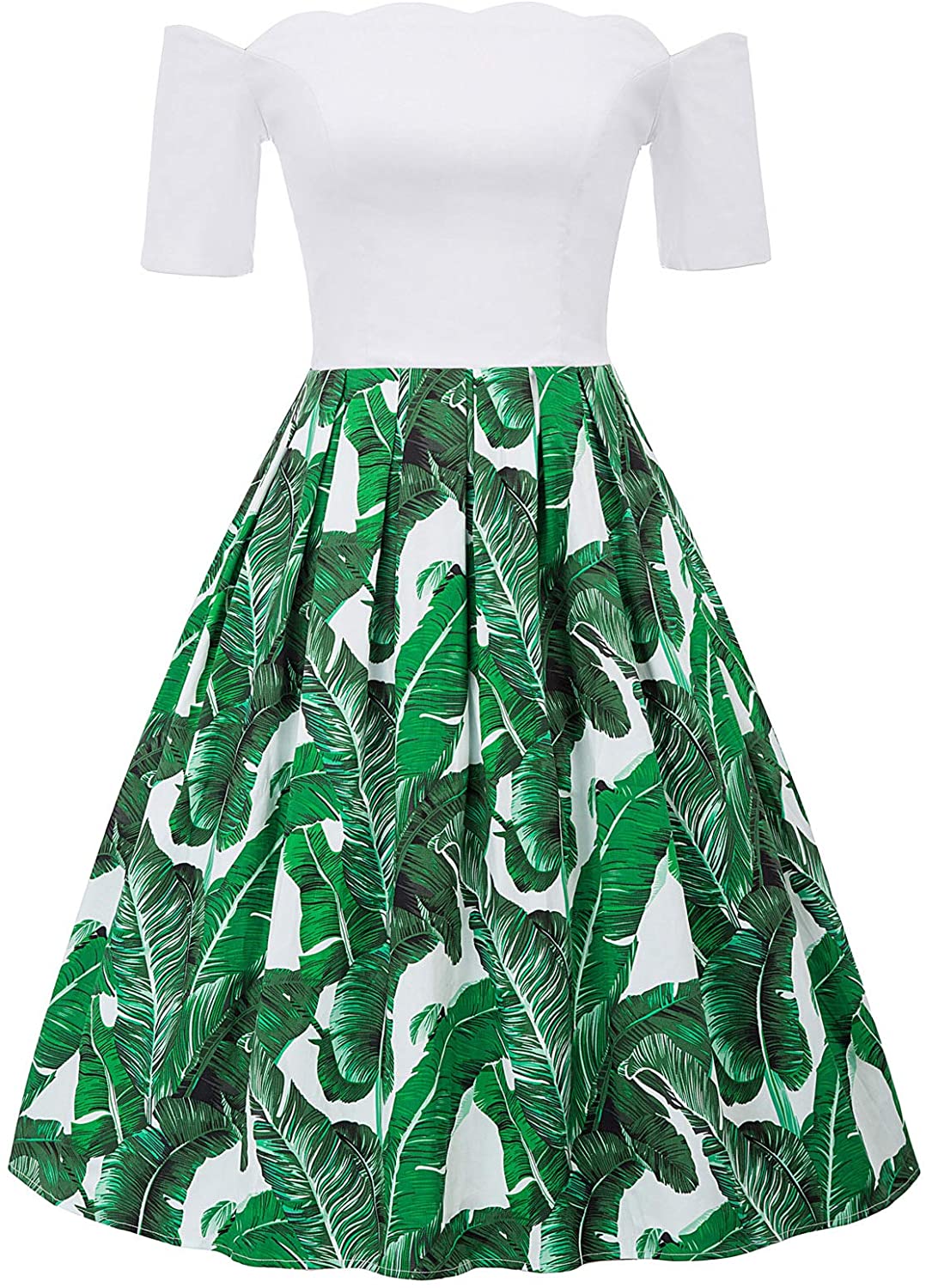 Price:$35.99 PAUL JONES Women's Retro Off Shoulder Dress Knee-Length Dress Size S, Green and White at Amazon Women’s Clothing store