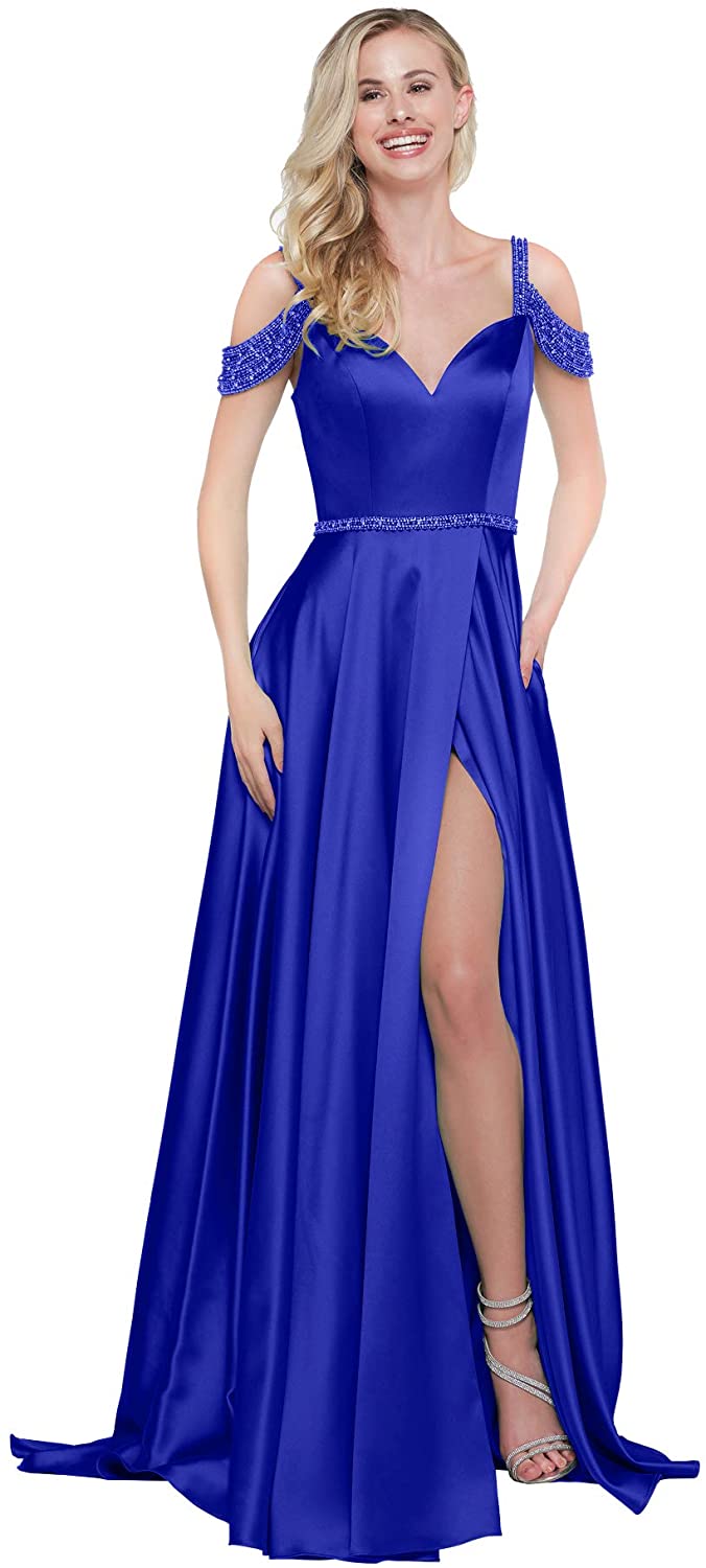 Price:$9.90 Women's Off The Shoulder Beaded Satin Prom Dress Evening Party Gowns Long Z07 at Amazon Women’s Clothing store
