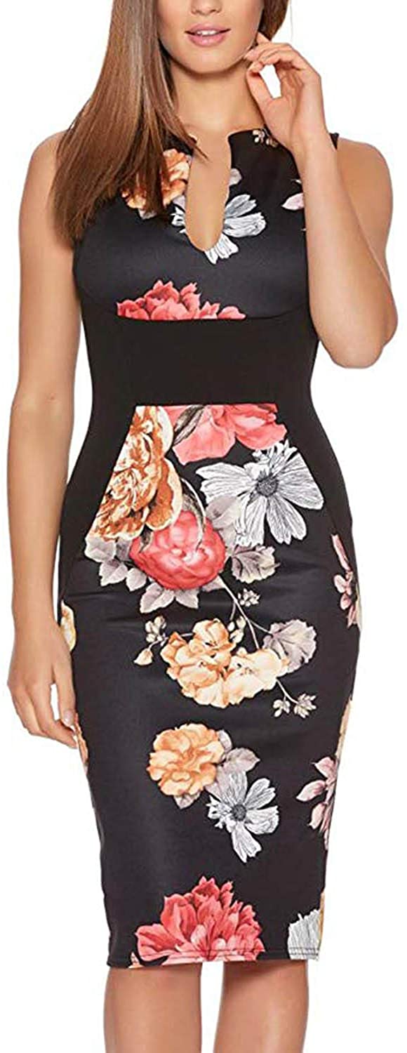 Price:$19.95 Fantaist Women's Sleeveless Deep V Neck Floral Print Cocktail Party Pencil Dress at Amazon Women’s Clothing store