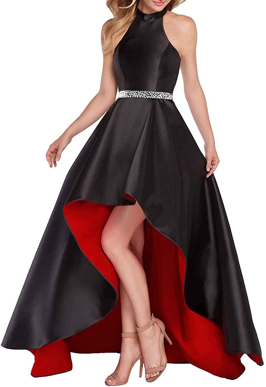 Price:$89.99    Lamosi Women Halter High Low Beaded Prom Formal Dress Long Satin Evening Homecoming Party Gown  Clothing