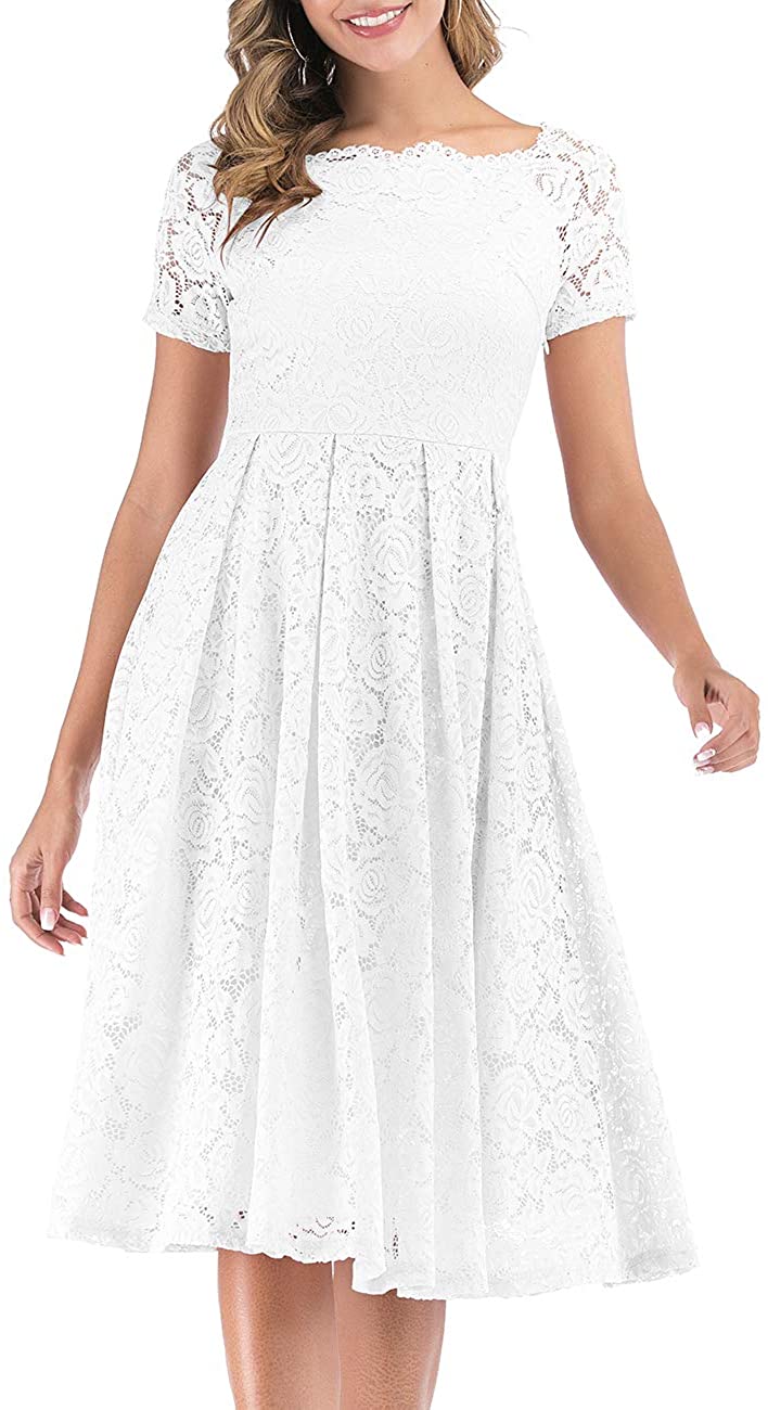 Price:$28.99    DRESSTELLS Women's Prom Vintage Floral Lace Tea Dress Boat Neck Cocktail Swing Dress  Clothing
