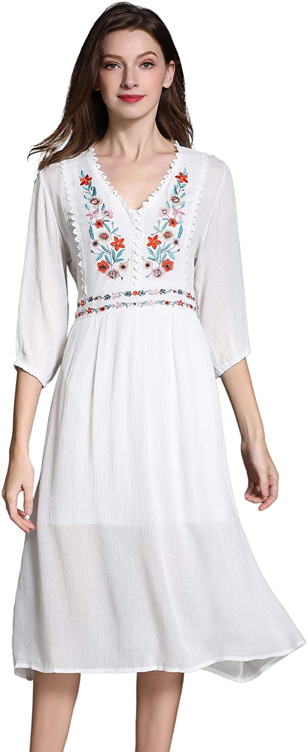 Price:$26.99    Women's Short Sleeve Mexican Embroidered Floral Pleated Midi A-line Cocktail Dress  Clothing