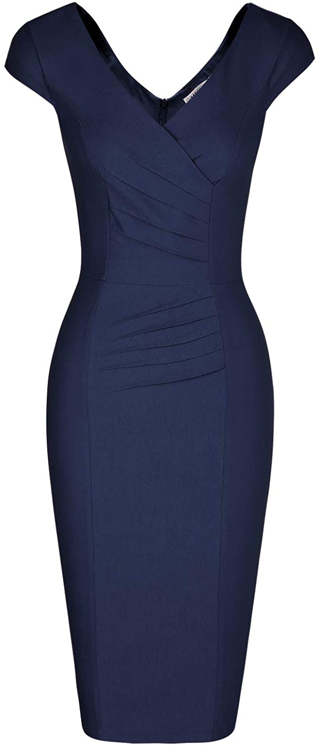 Price:$29.99 MUXXN Women's 1950's Vintage V Neck Ruched Sheath Formal Pencil Dress at Amazon Women’s Clothing store