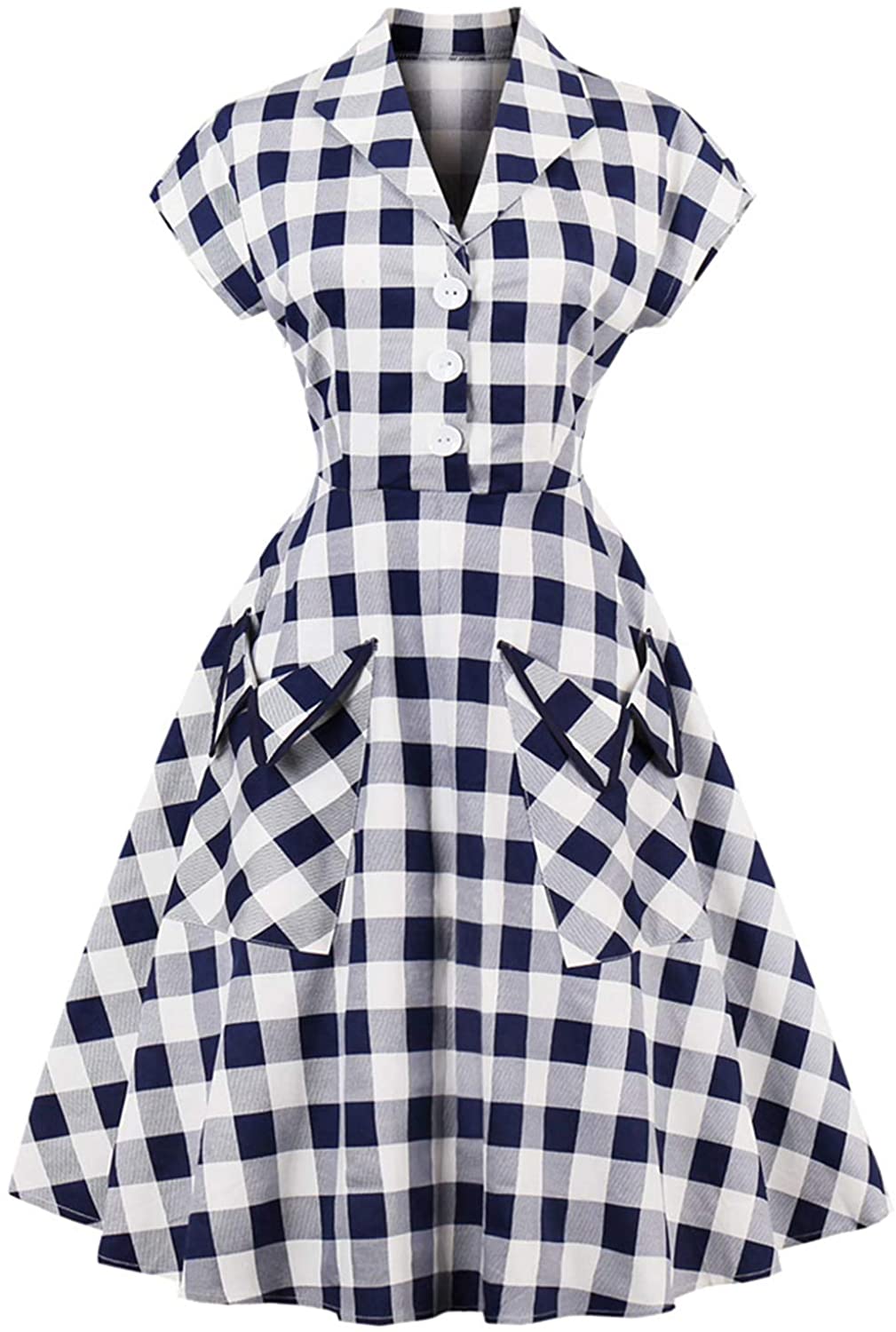 Price:$28.99 Women 50s Dress Plaid Pleated Waist Swing 1950s Vintage Dress with Pocket at Amazon Women’s Clothing store