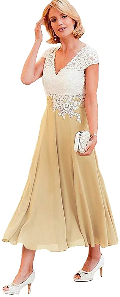 Price:$85.59 Fashionbride Women's V-Neck Short Sleeve Evening Gowns Mother of The Bride Dresses Tea Length ED41 at Amazon Women’s Clothing store
