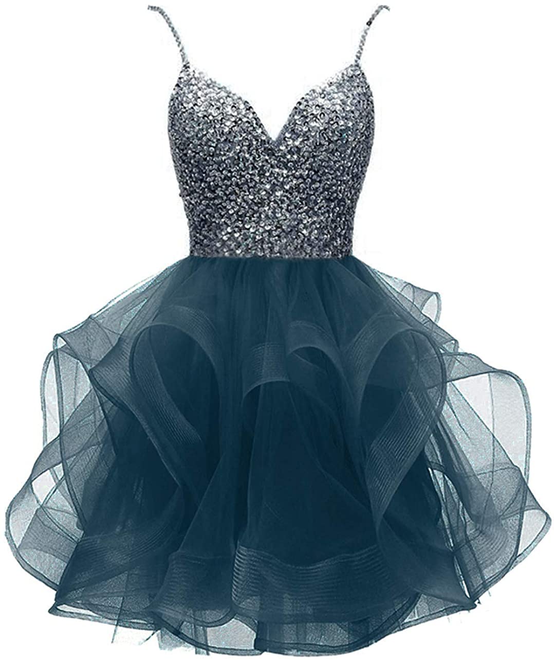 Price:$69.99    XIA Women's Spaghetti Strap Homecoming Dresses for Junior Crystal Beaded Organza Tiered Short Prom Cocktail Gowns  Clothing