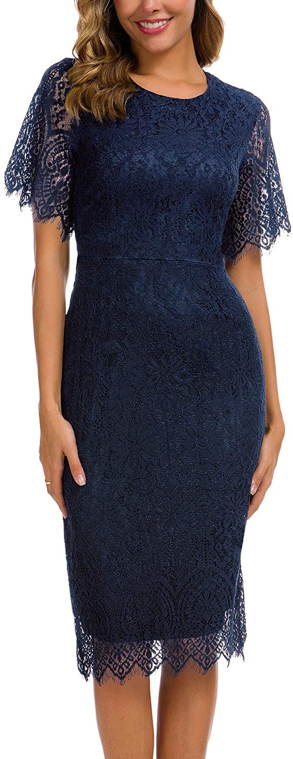 Price:$31.99    Women's Elegant Floral Lace Round Neck Short Sleeves Cocktail Party Bodycon Midi Dress 931  Clothing