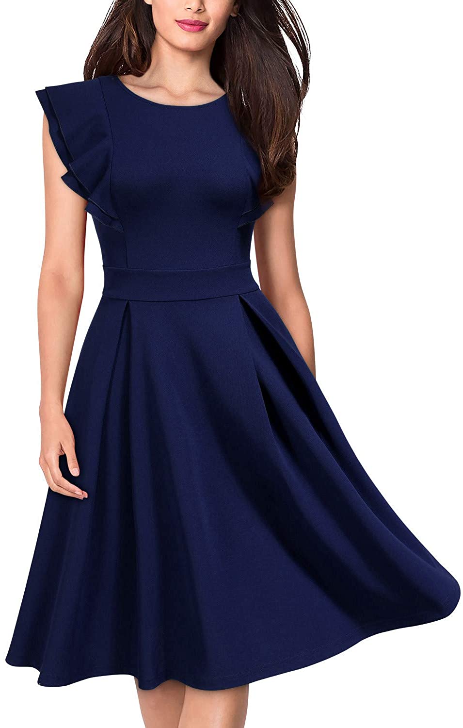 Price:$33.99    Knitee Women's Vintage Ruffles Sleeveless Fit and Flare A-line Pleated Cocktail Skater Swing Formal Dress  Clothing