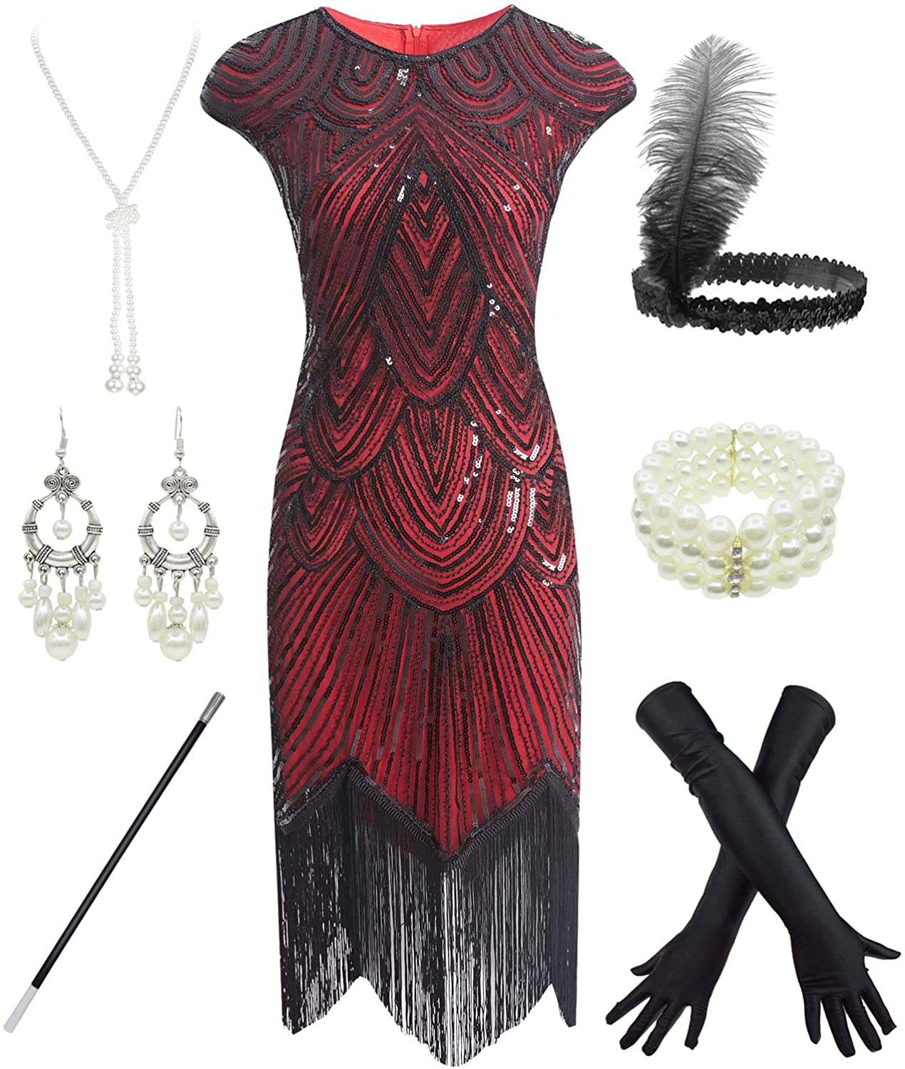 Price:$46.99 Women's 1920s Sequins Flapper Gatsby Cocktail Dress with 20s Headband Accessories Set at Amazon Women’s Clothing store