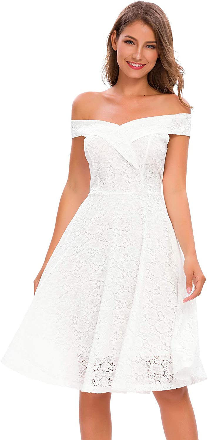 Price:$39.99    Bright Deer Women Bardot Wrap Front Floral Lace Midi Party Cocktail Prom Dress  Clothing