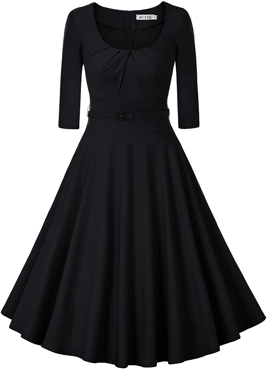 Price:$36.99    MUXXN Women's 1950s Vintage Scoop Neck 3/4 Sleeve Pleated Swing Cocktail Dress  Clothing