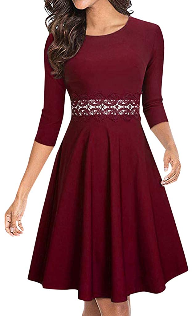 Price:$12.29    AmyDong Women's Half Sleeve Round Neck Lace Panel Chiffon Cocktail A-Line Embroidery Party Wedding Guest Dress  Clothing