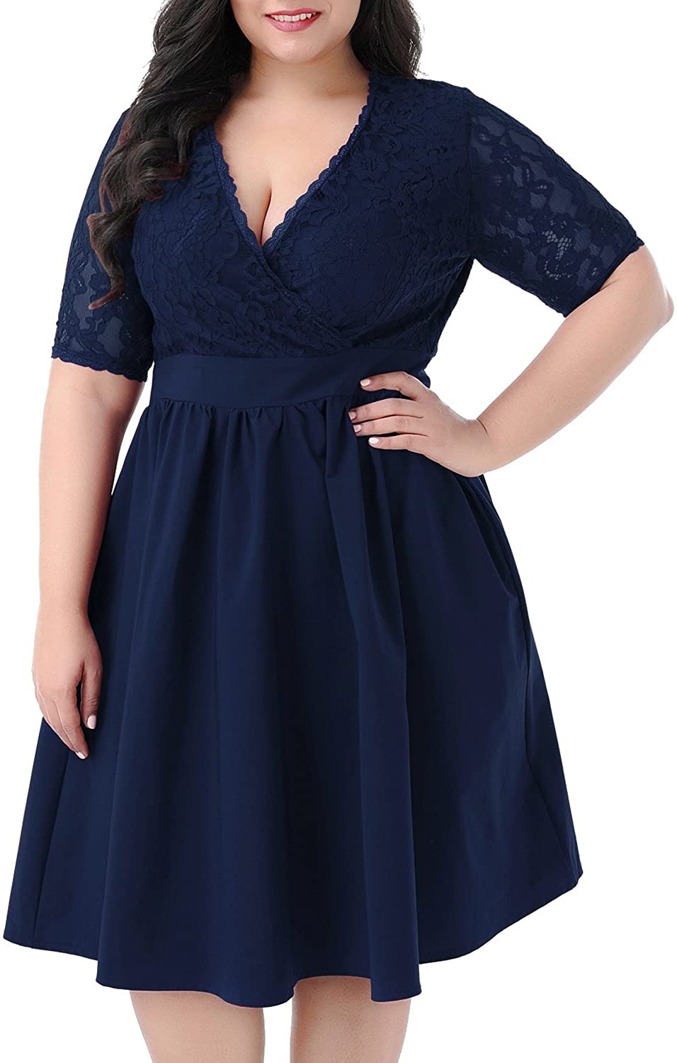 Price:$33.99    Nemidor Women's Half Sleeves V-Neckline Lace Top Plus Size Cocktail Party Swing Dress  Clothing