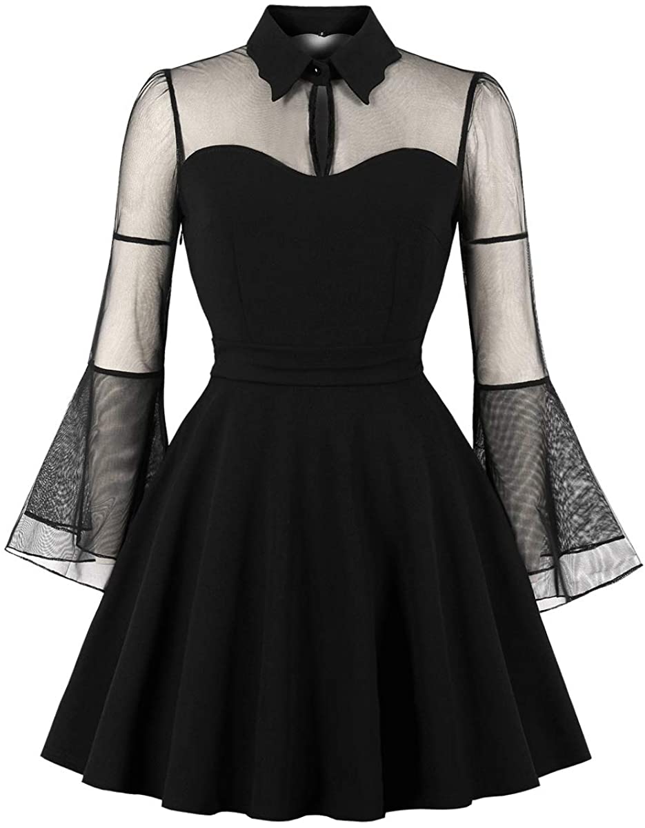 Price:$16.99 Wellwits Women's Keyhole Mesh Bell Sleeve Knee Swing Cocktail Dress at Amazon Women’s Clothing store