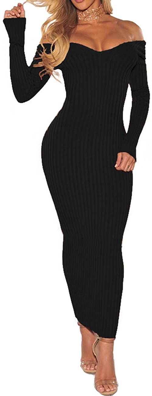 Price:$14.72    SheKiss Women's Off Shoulder Long Sleeves Bodycon Sweater Dress Sexy Knit Slim Cardigans  Clothing