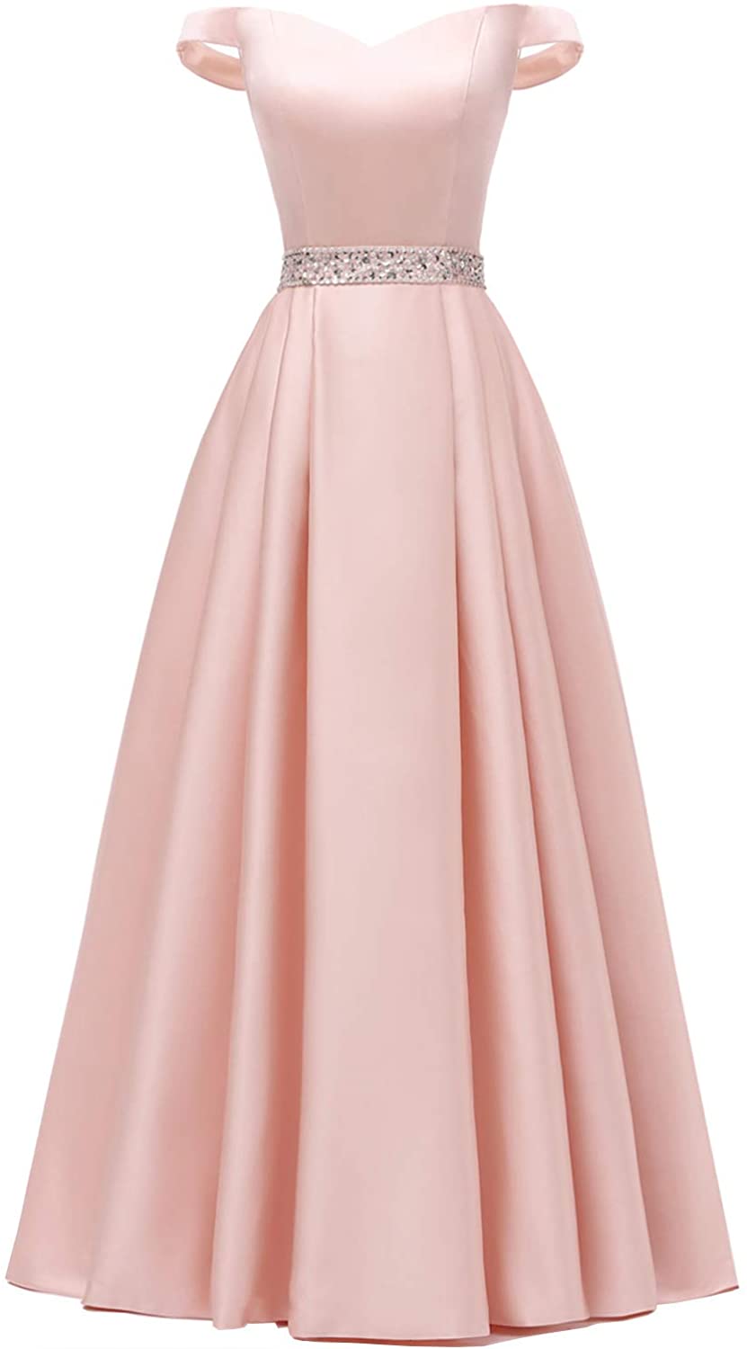 Price:$95.99 YORFORMALS Women's Off The Shoulder A-line Beaded Satin Prom Dress Long Evening Ball Gown with Pockets at Amazon Women’s Clothing store