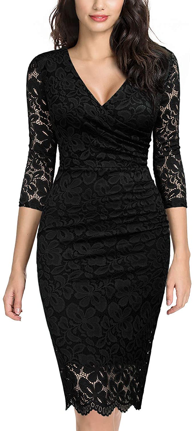 Price:$36.99    Miusol Women's Retro Deep-V Neck Ruffles Floral Lace Evening Pencil Dress  Clothing