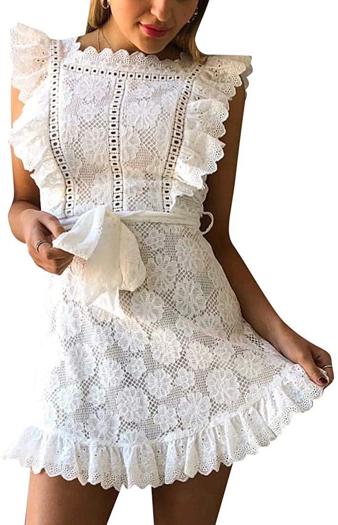 Price:$17.99 BerryGo Women's Elegant Lace Ruffle Mini Dress Sleevesless Cotton A-line Dress at Amazon Women’s Clothing store
