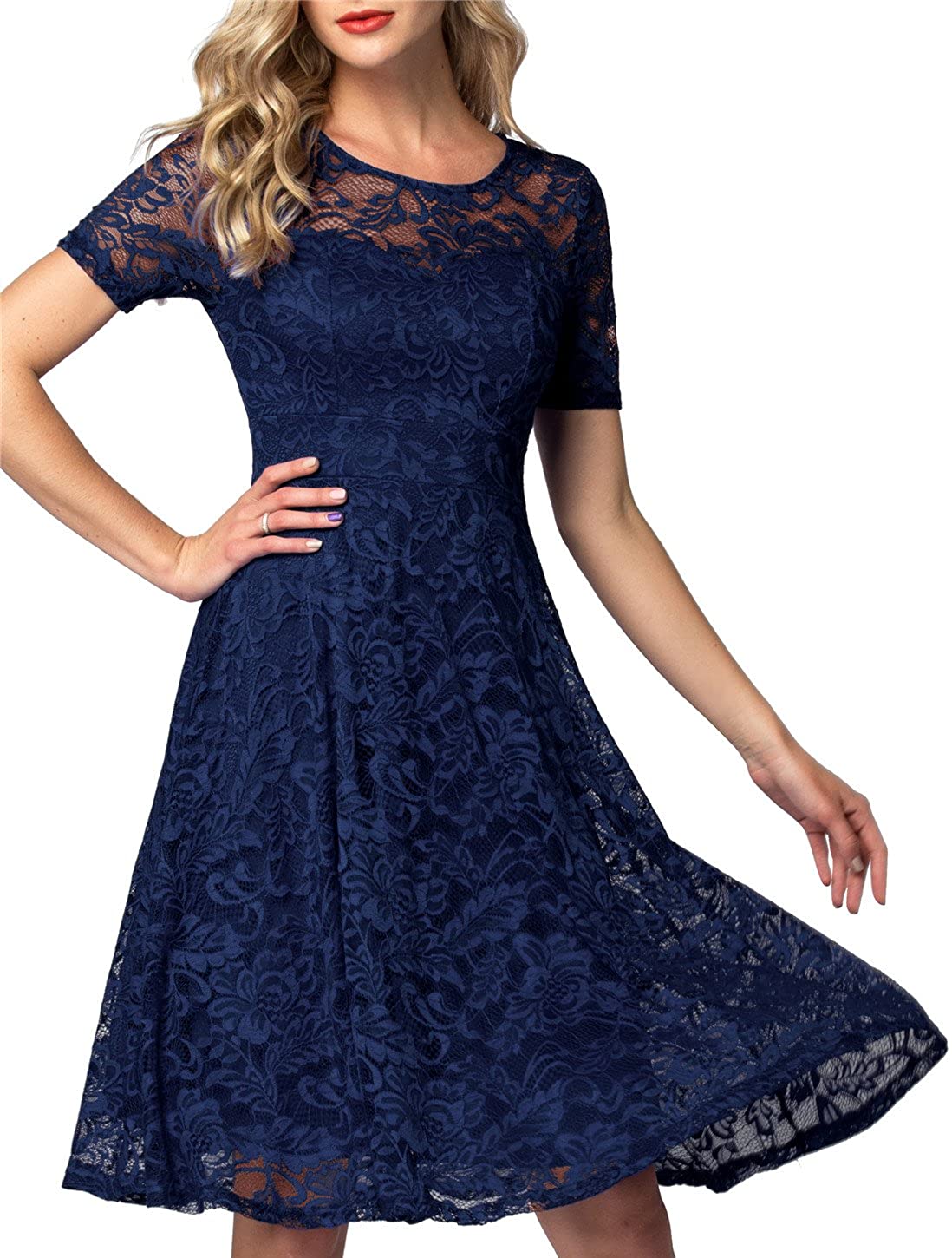 Price:$34.69    AONOUR Women's Vintage Floral Lace Elegant Cocktail Formal Swing Dress with Short Sleeve  Clothing