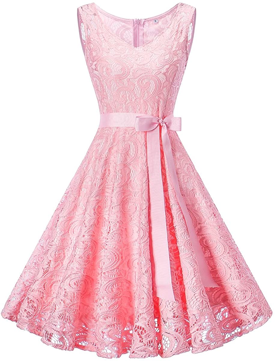 Price:$12.85 Women Vintage V Neck Floral Lace Wedding Bridesmaid Party Dress Short Prom Formal Evening Cocktail Swing Dress at Amazon Women’s Clothing store
