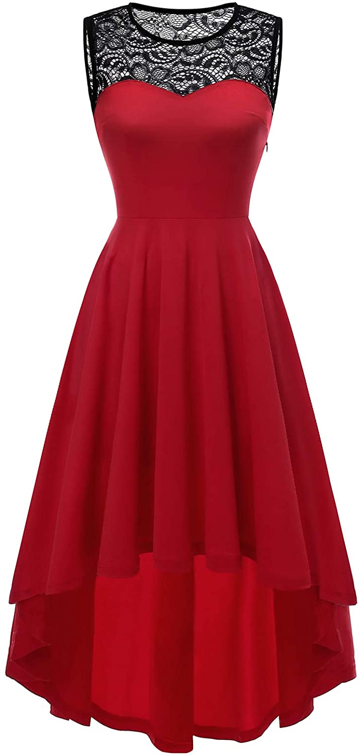 Price:$22.99    Yoyaker Women's Vintage Lace Sleeveless Hi-Lo Cocktail Party Pleated Swing Dress Bridesmaid Prom Dress  Clothing