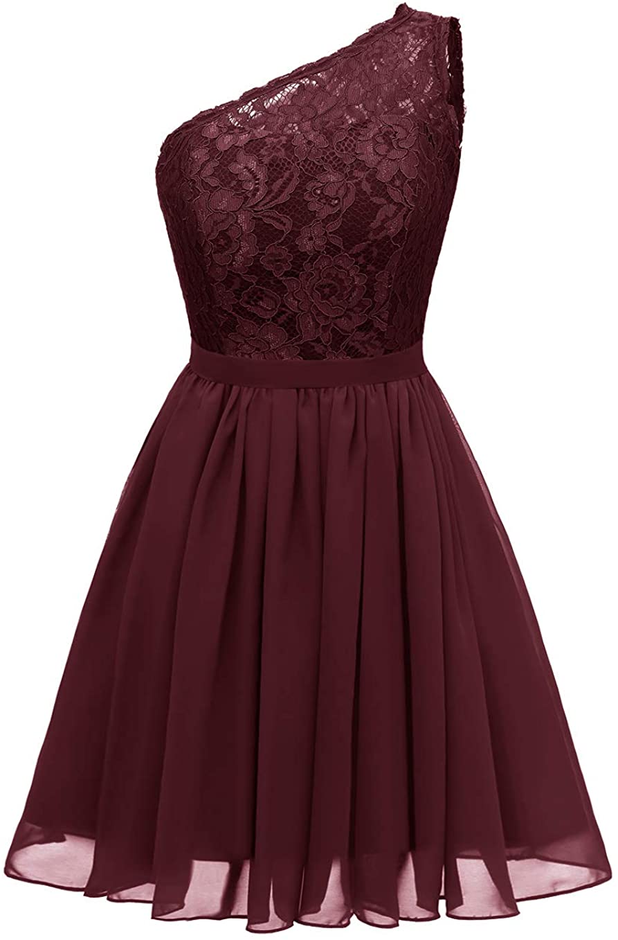 Price:$59.99 Yexinbridal One Shoulder Bridesmaid Dress Short Chiffon Lace Wedding Cocktail Party Dress at Amazon Women’s Clothing store